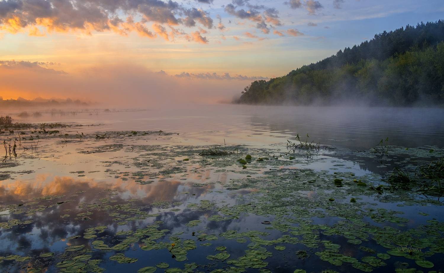 лето озеро туман облака рассвет природа пейзаж, Александр Строков
