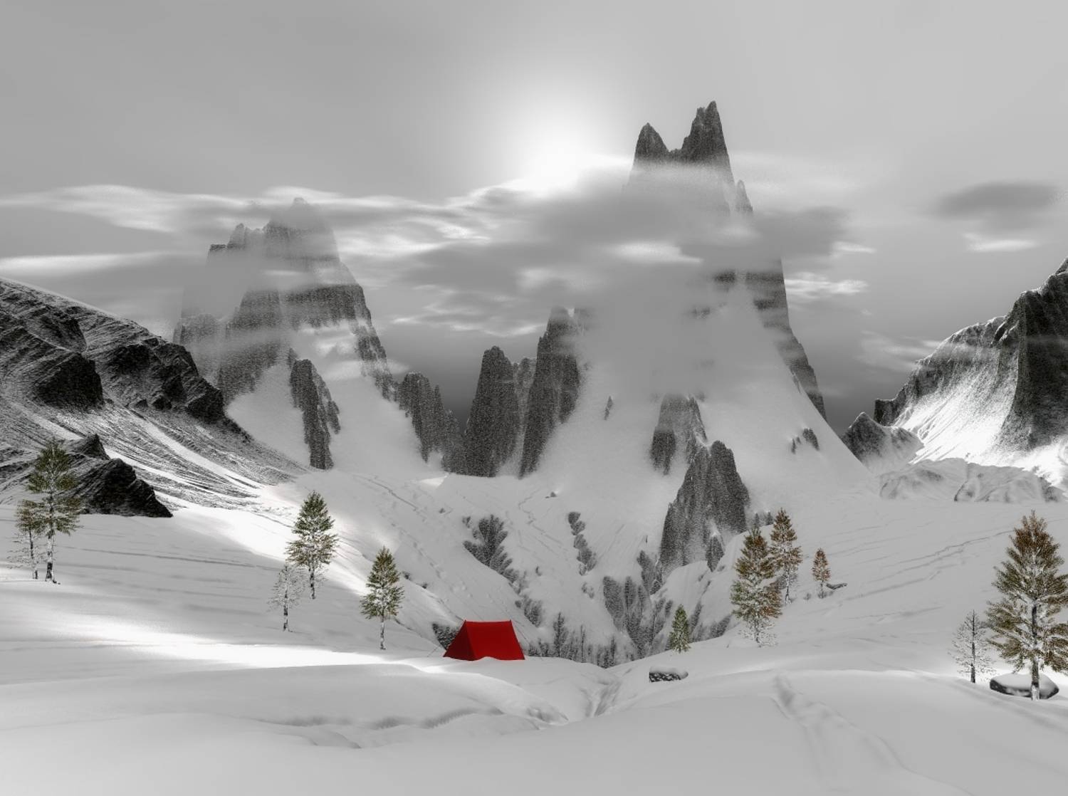 пейзаж, природа, зима, горы, солнце, небо, облака, светотени, палатка, DX