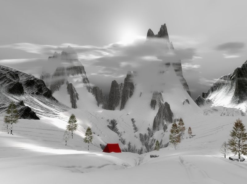 пейзаж, природа, зима, горы, солнце, небо, облака, светотени, палатка Привал фото превью