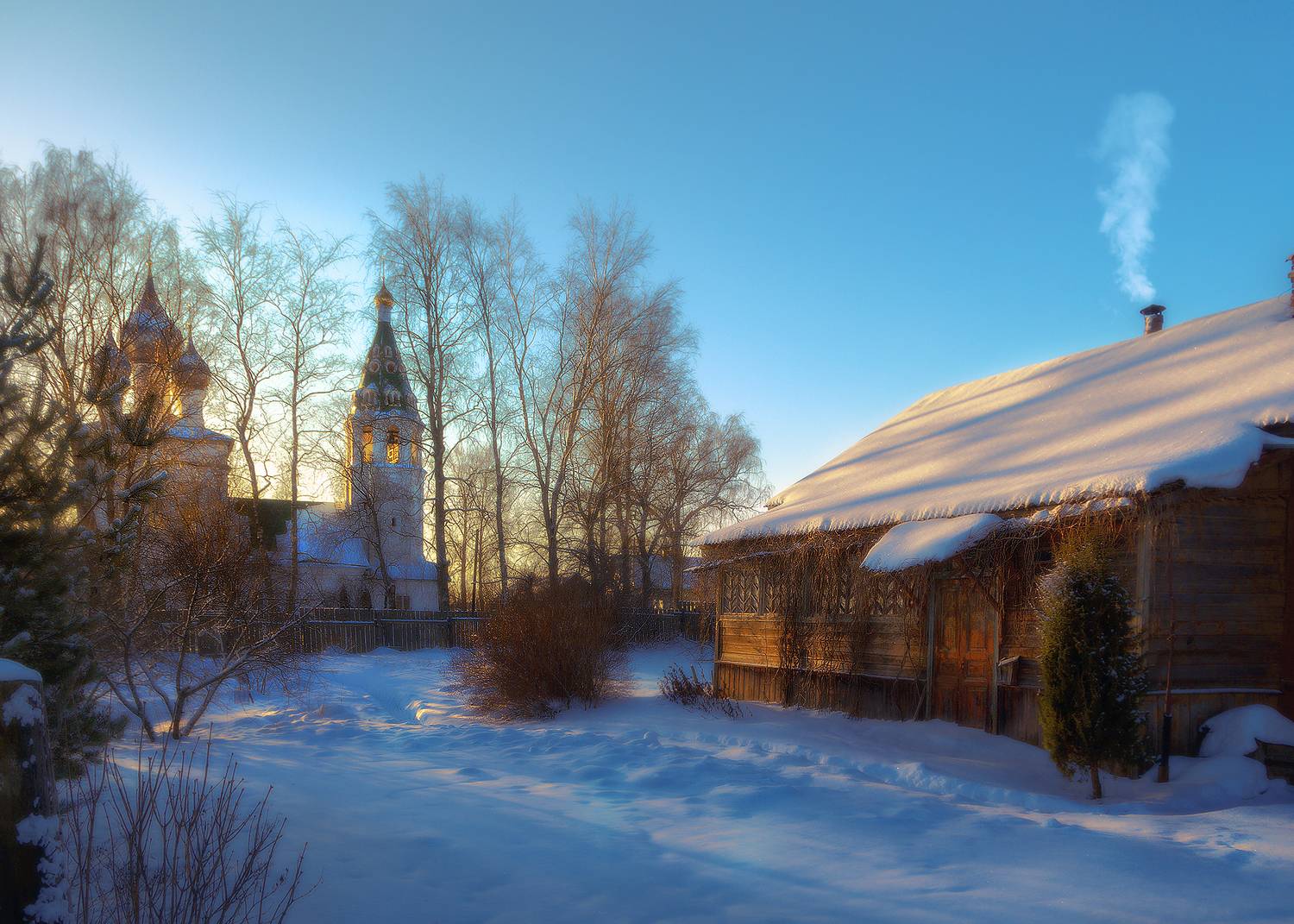 зима, мороз, церковь, снег, восход, деревня, дом, Макаров Роман