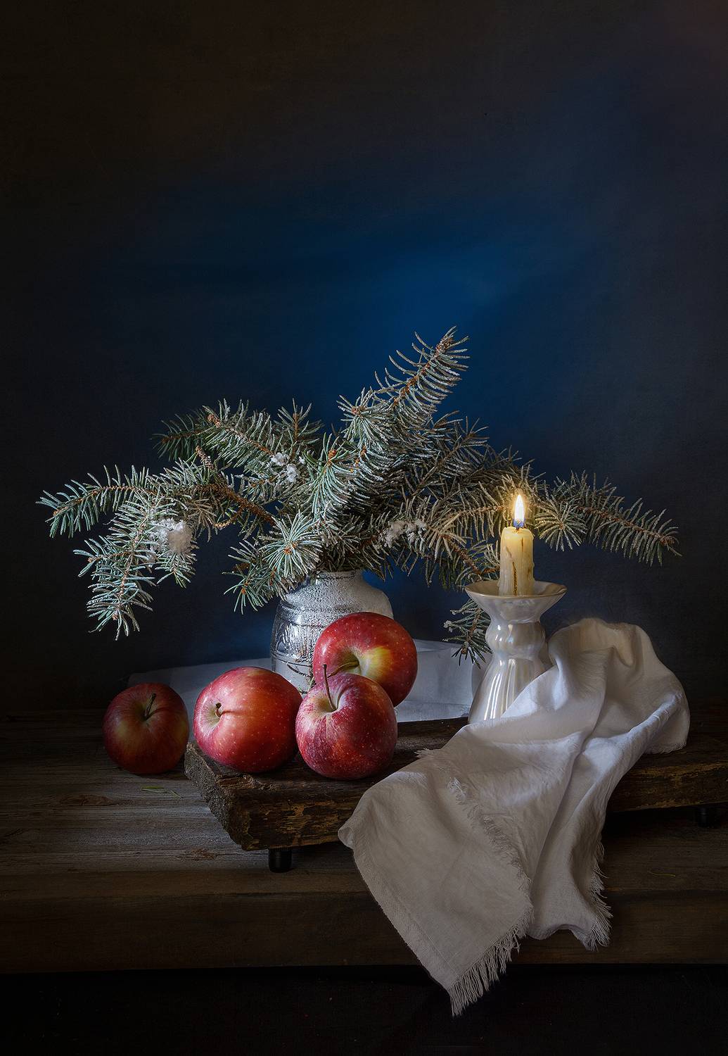 яблоки, красные, елка, иголки, зеленые, свечка, огонь, зима, подсвечник, Алексей Бычков