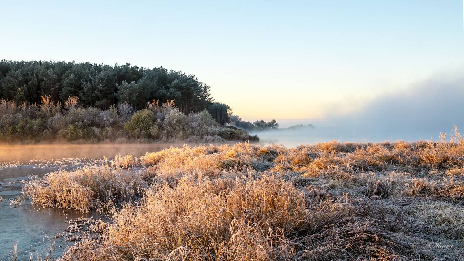 осень речка туман иней природа пейзаж, Александр Строков