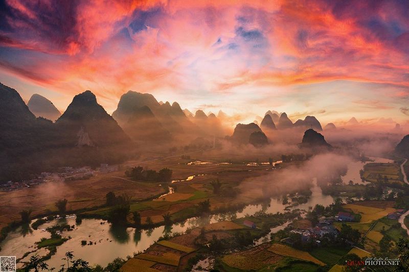 quanphoto, landscape, morning, sunlight, mountains, valley, river, farmland, agriculture, rural, vietnam Purple Dawn фото превью