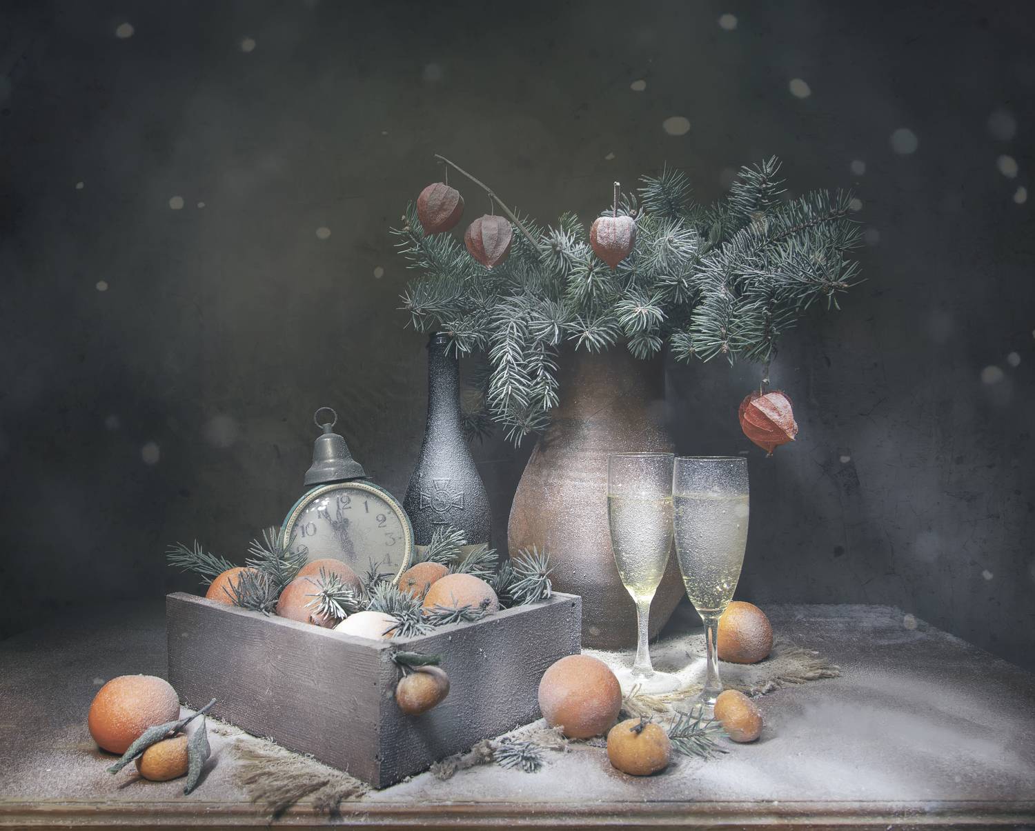 натюрморт, шампанское, мандарины,ель, будильник, Татьяна Феденкова