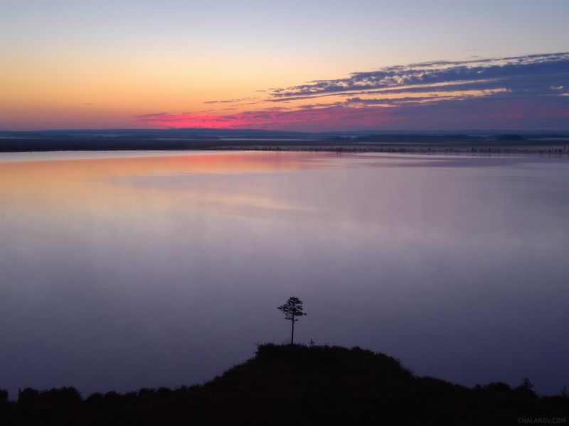 пейзаж, рассвет, озеро, туман, солнце, облака, дрон, болото Разгорается рассвет фото превью
