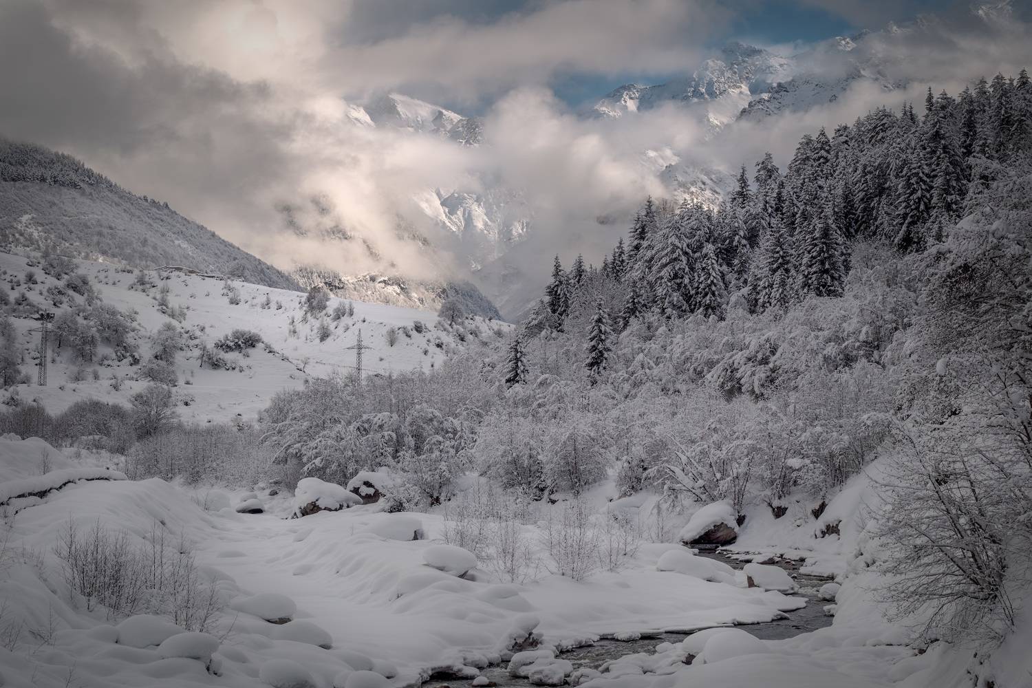 svaneti, river, mulkhura, snow, winter, trees, clouds, january, mountains, nature, high, landscape, scenery, travel, outdoors, georgia, sakartvelo, caucasus, chizh, Чиж Андрей