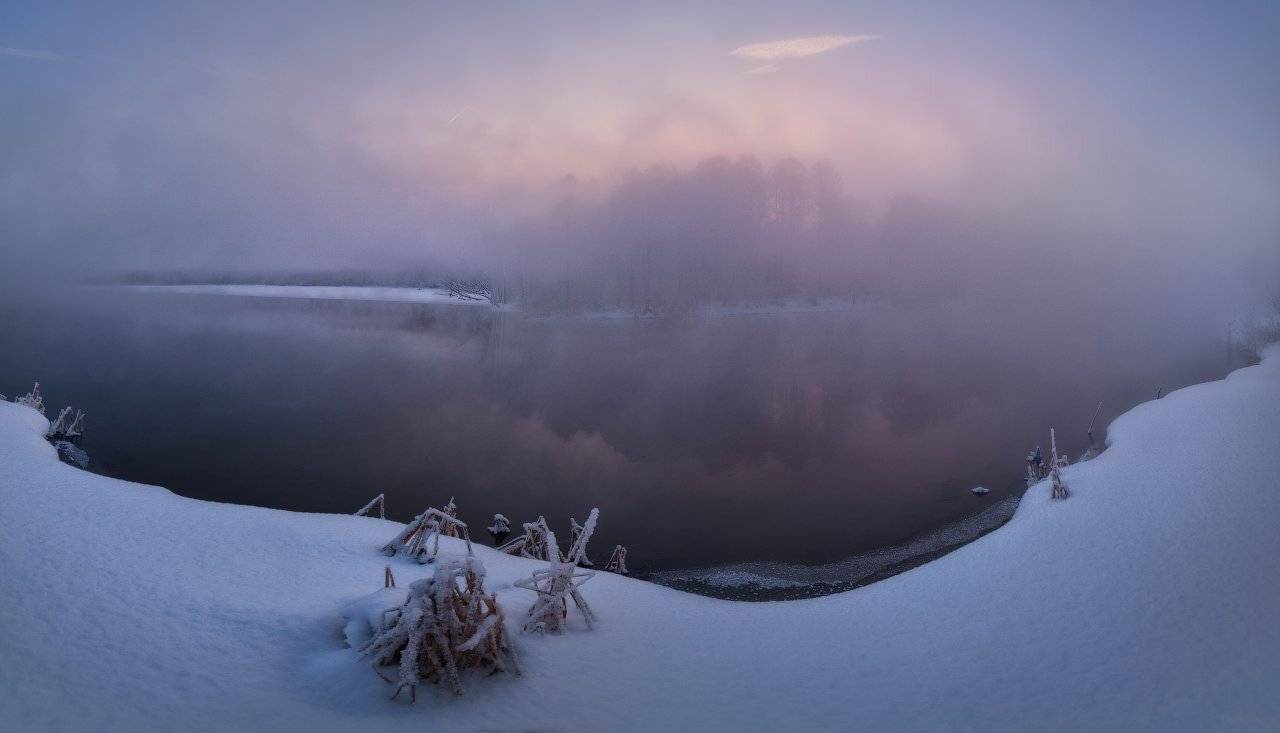 Зима, Иней, Мороз, Озеро, Панорама, Пейзаж, Рассвет, Туман, Шатура, Жмак Евгений