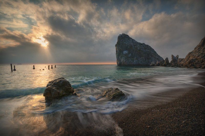 Волны, Галька, Дива, Крым, Море, Небо, Пляж, Рассвет, Скалы, Утро Утро у Дивы фото превью