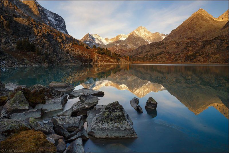 алтай, аня графова, горный алтай, горы, дарашколь, катунский хребет, сентябрь Утреннее зеркало Дарашколя фото превью