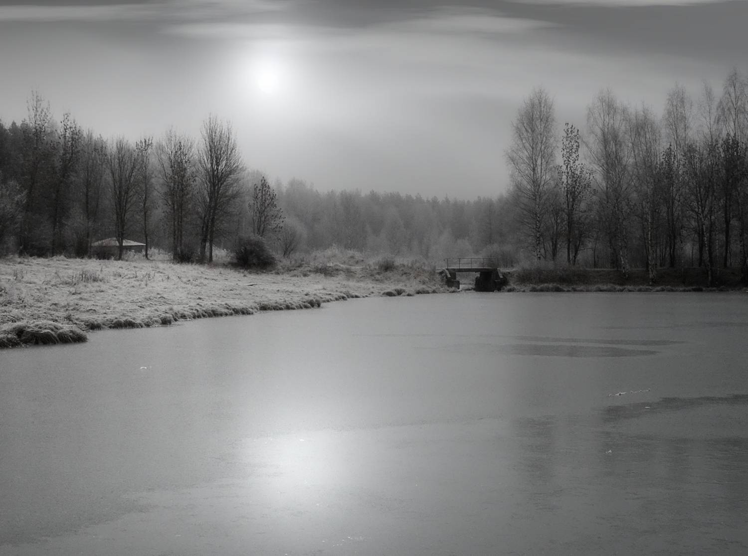 пейзаж, природа, осень, лес, пруд, лед, мостик, беседка, небо, солнце, облака, DX