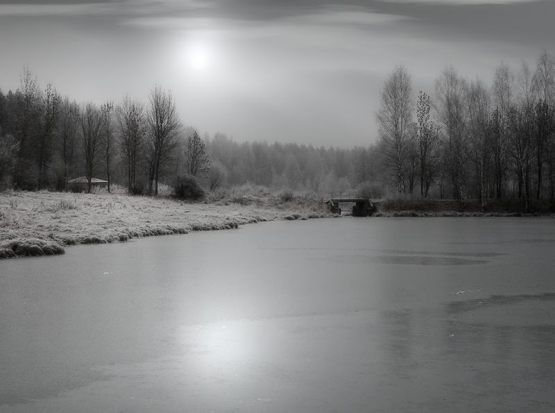 пейзаж, природа, осень, лес, пруд, лед, мостик, беседка, небо, солнце, облака Осенние зарисовки VI фото превью