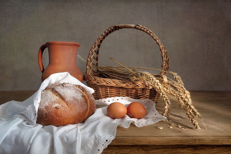 натюрморт,хлеб,корзина,колоски,кувшин,яйца Хлеб и колоски фото превью