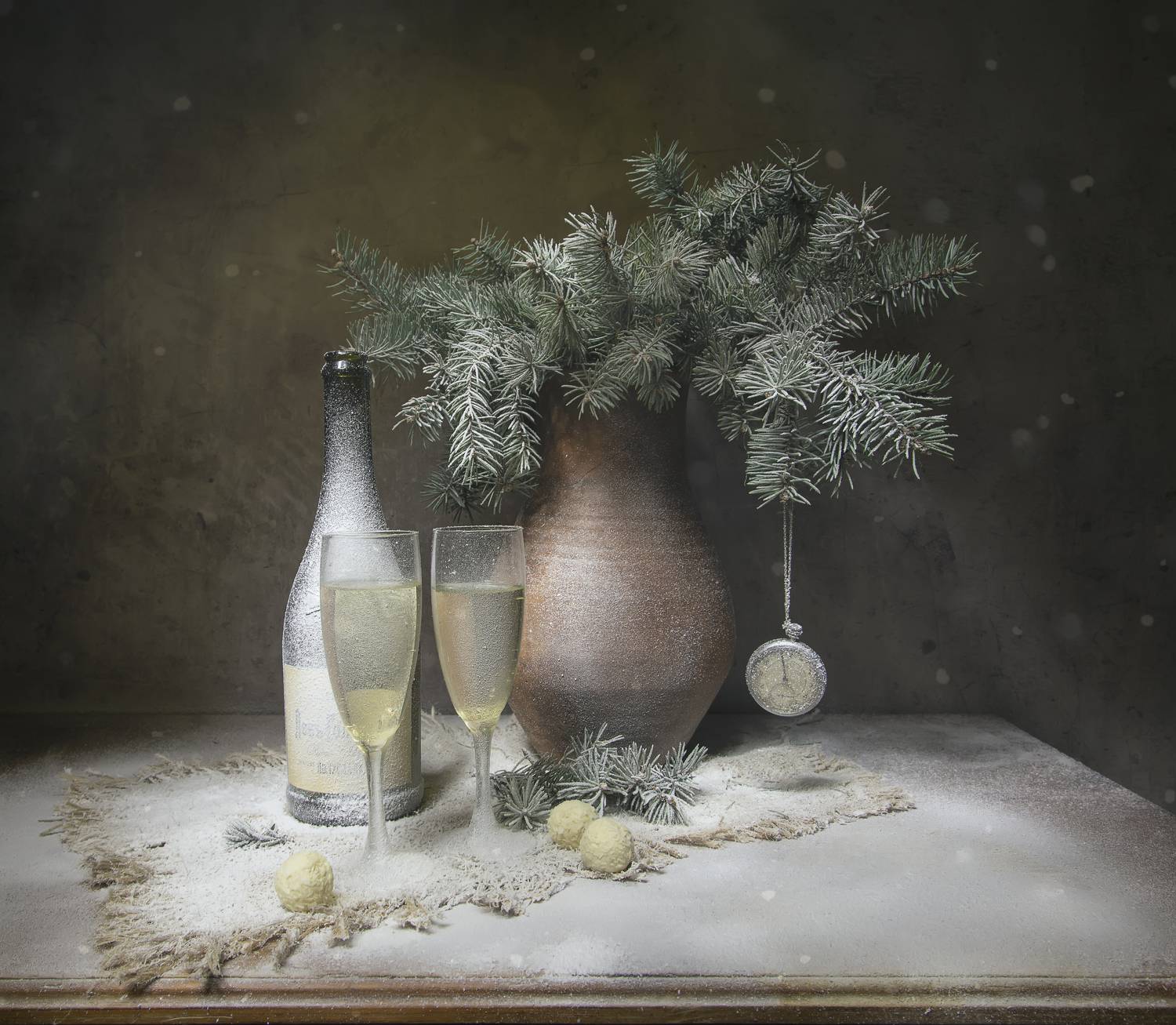 натюрморт, шампанское, ель, Татьяна Феденкова
