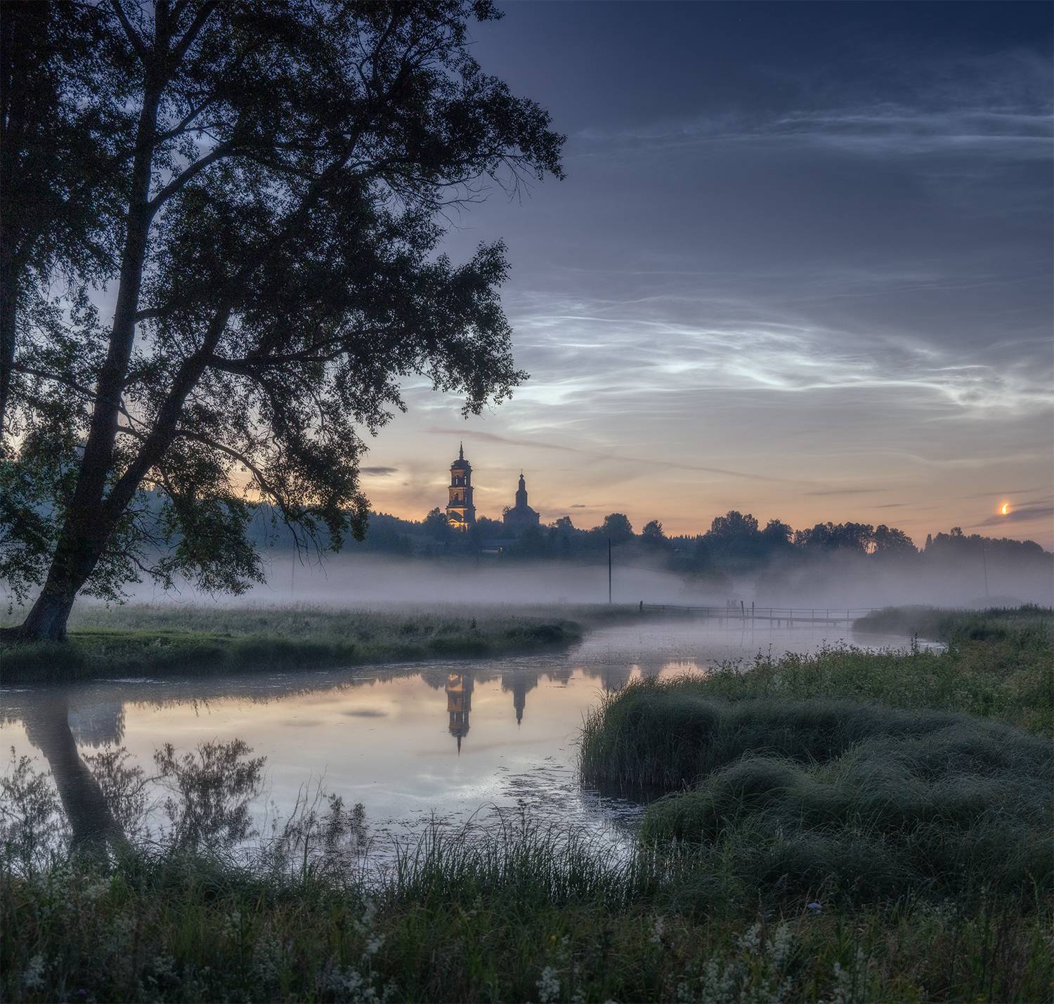 ночь, село, серебристые облака, луна, лето, Сергей Буторин