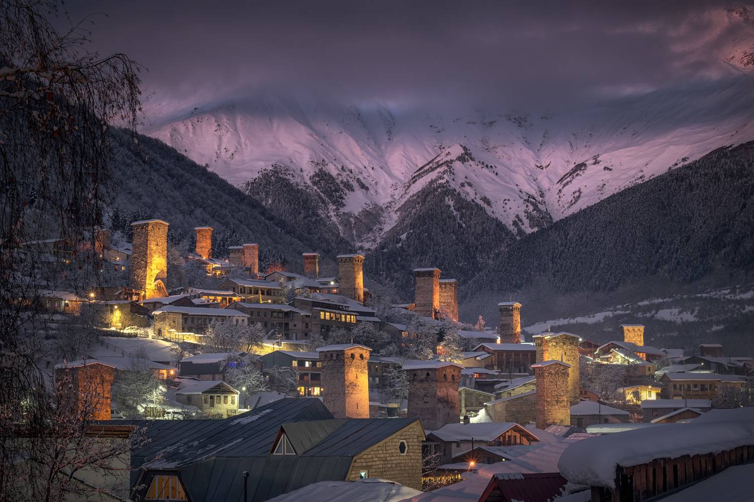svaneti, mestia, night, lights, towers, winter, twilight, mountains, clouds, sky, high, landscape, scenery, travel, outdoors, georgia, sakartvelo, chizh, Чиж Андрей