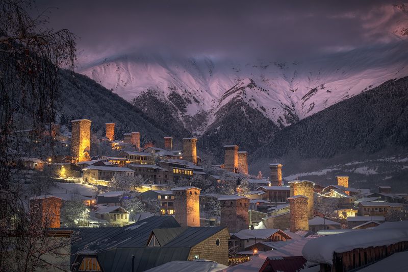 svaneti, mestia, night, lights, towers, winter, twilight, mountains, clouds, sky, high, landscape, scenery, travel, outdoors, georgia, sakartvelo, chizh Dusk Over Mestia фото превью