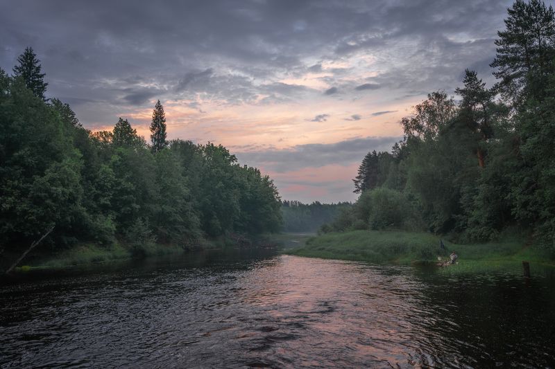 река вечер деревья небо Сидит рыбак... фото превью
