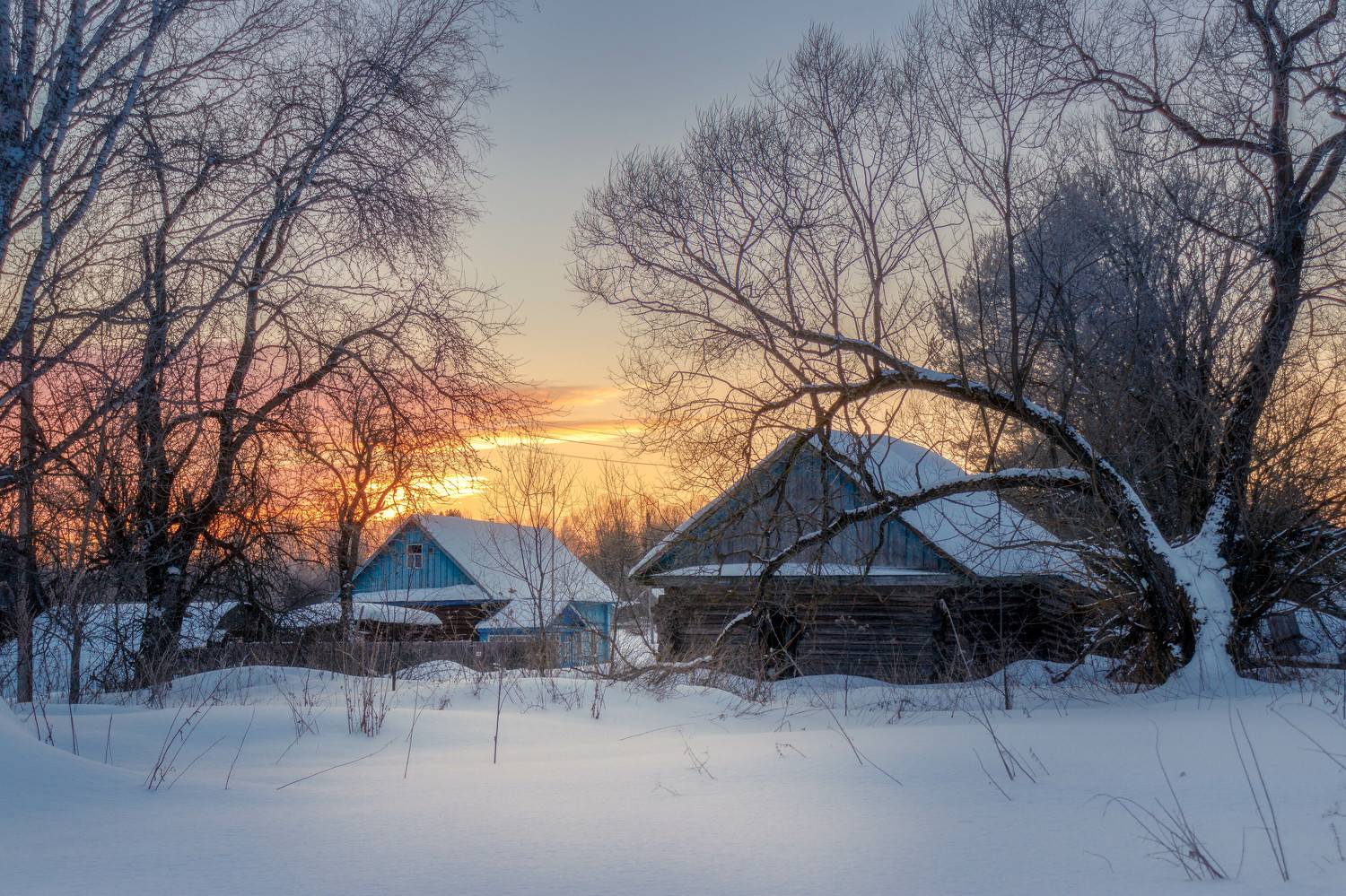 деревня, утро, зима, рассвет, Сережа Сережин