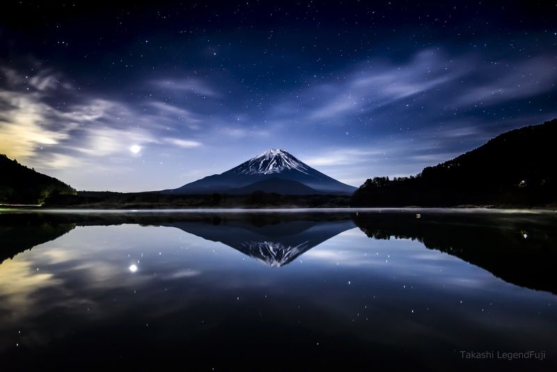 Fuji,mountain,Japan,lake, water,reflection,blue,sky,cloud,night, Reflection фото превью
