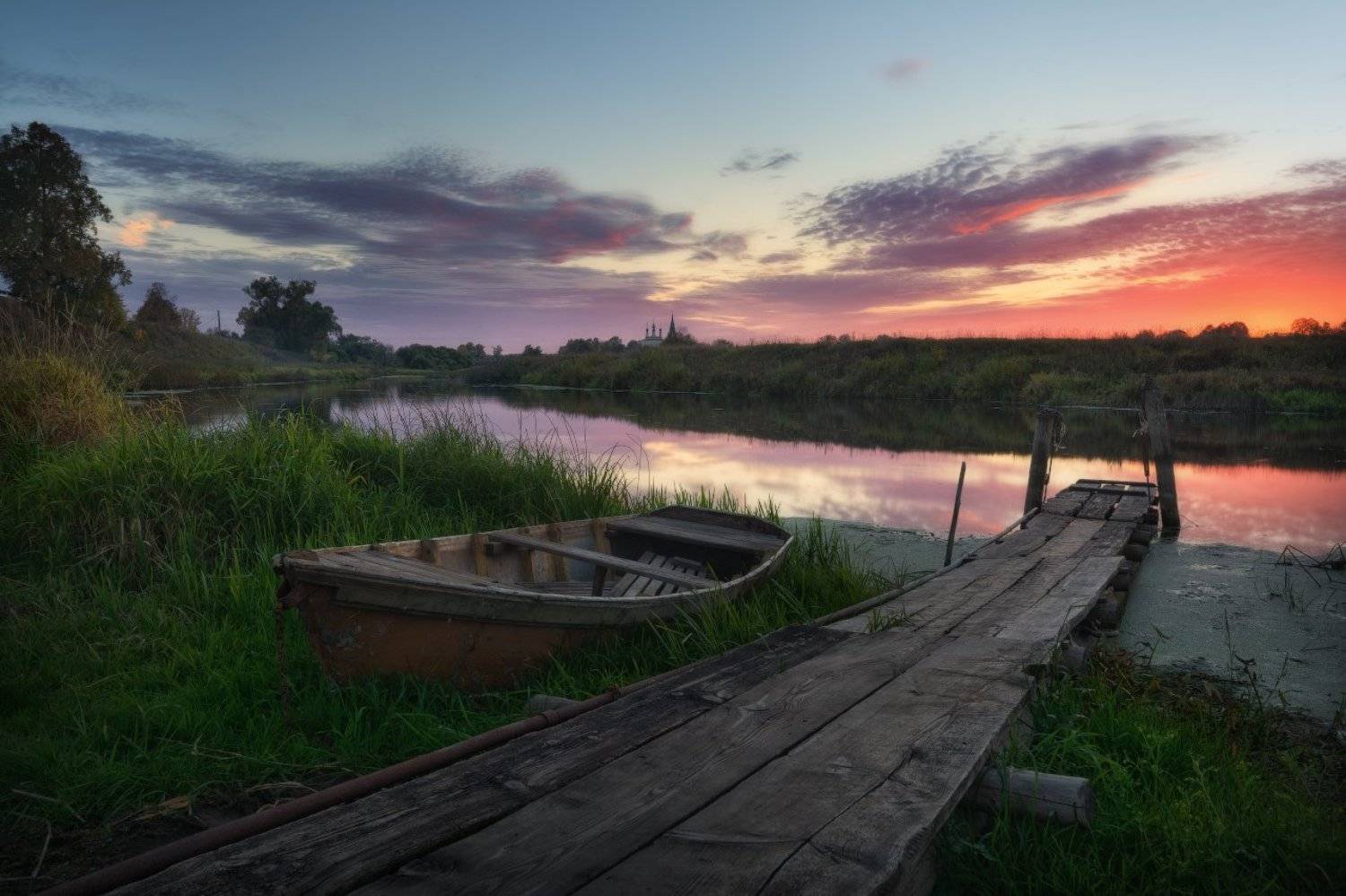 Дунилово, Закат, Лодка, Небо, Пейзаж, Река Теза, Речка, Русский пейзаж, Теза, Жмак Евгений