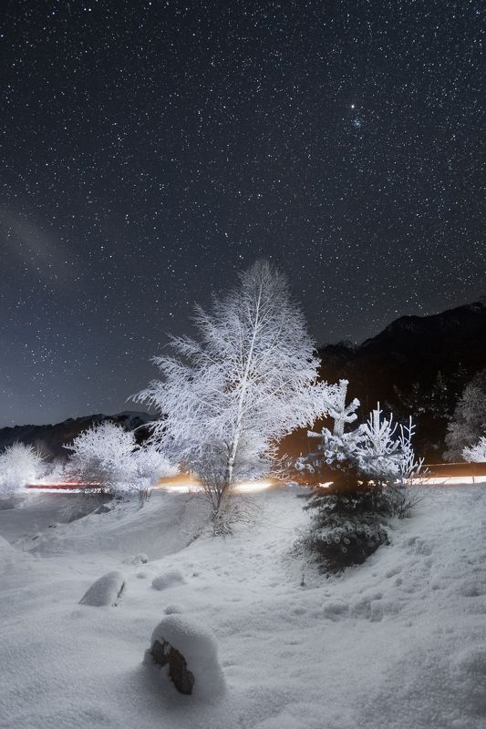 Ночь, горы, звезды, млечный путь, ночной пейзаж, астрофотография, кавказ, Приэльбрусье, деревья, зима Морозная ночь фото превью