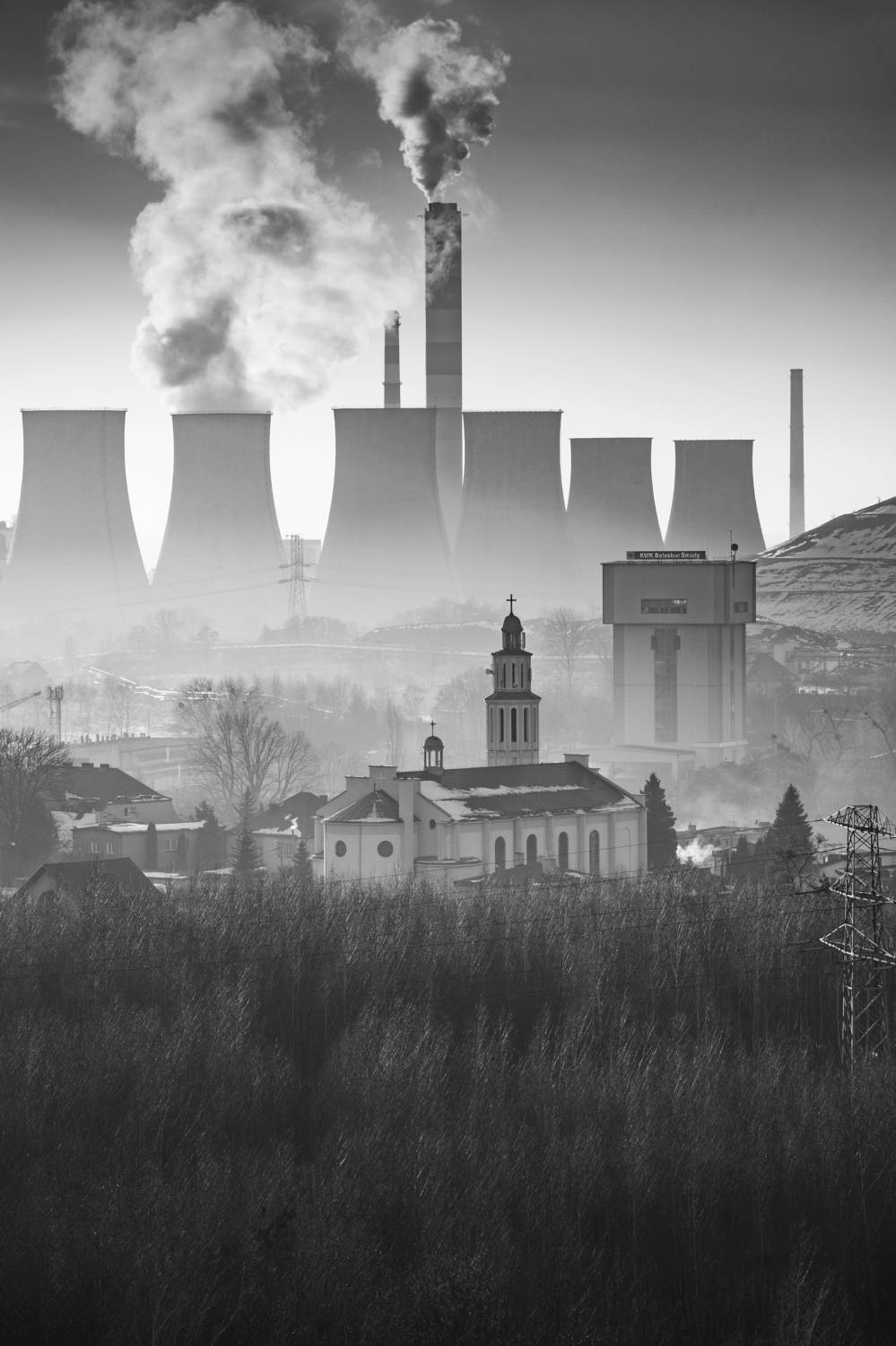  Building, Photography, Architecture, Industry, Chimneys, Powerstation, Łaziska  Poland, Silesia, Black&white, Damian Cyfka