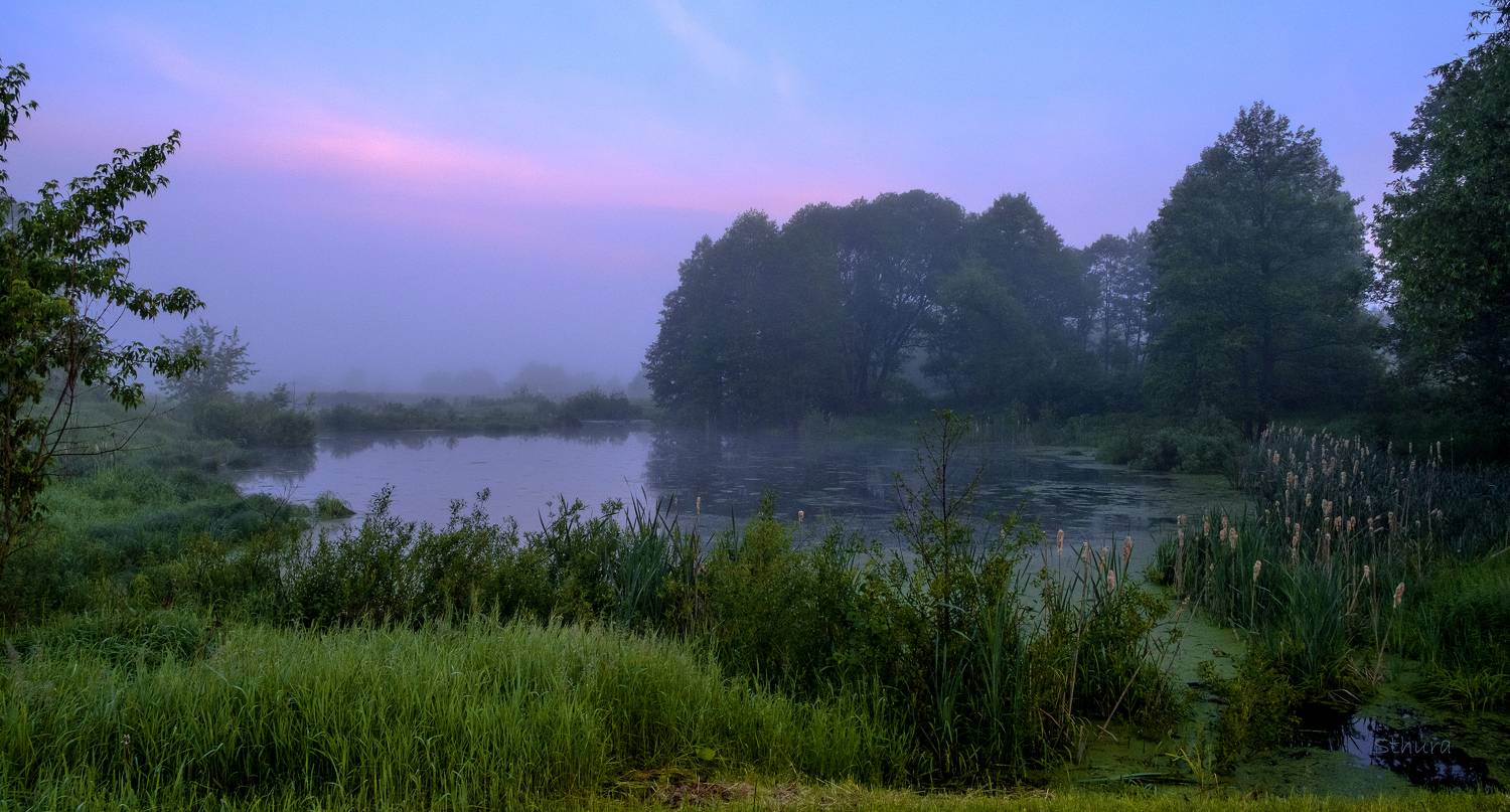 лето озеро туман облака рассвет природа пейзаж, Александр Строков