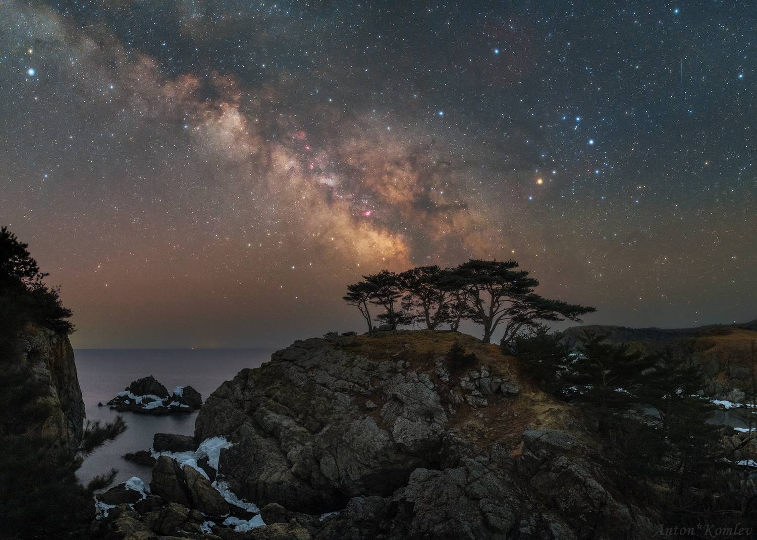 приморье, приморский край, сосны, орлинка, бухта теплая, ночь, млечный путь, Комлев Антон