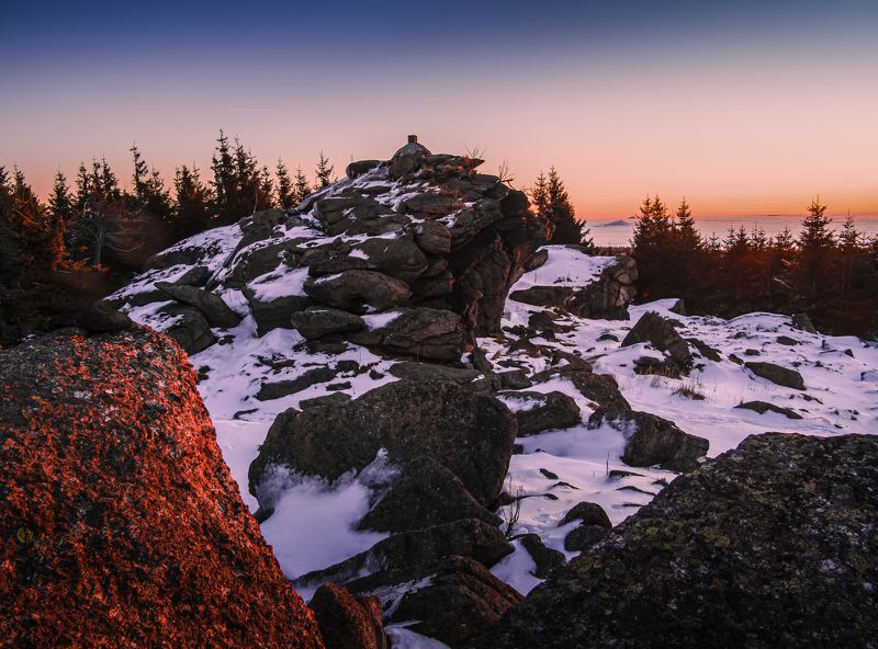 sunrise,snow,landscape,winter,sun,czechia,ore mountains,olympus Before sunrise фото превью