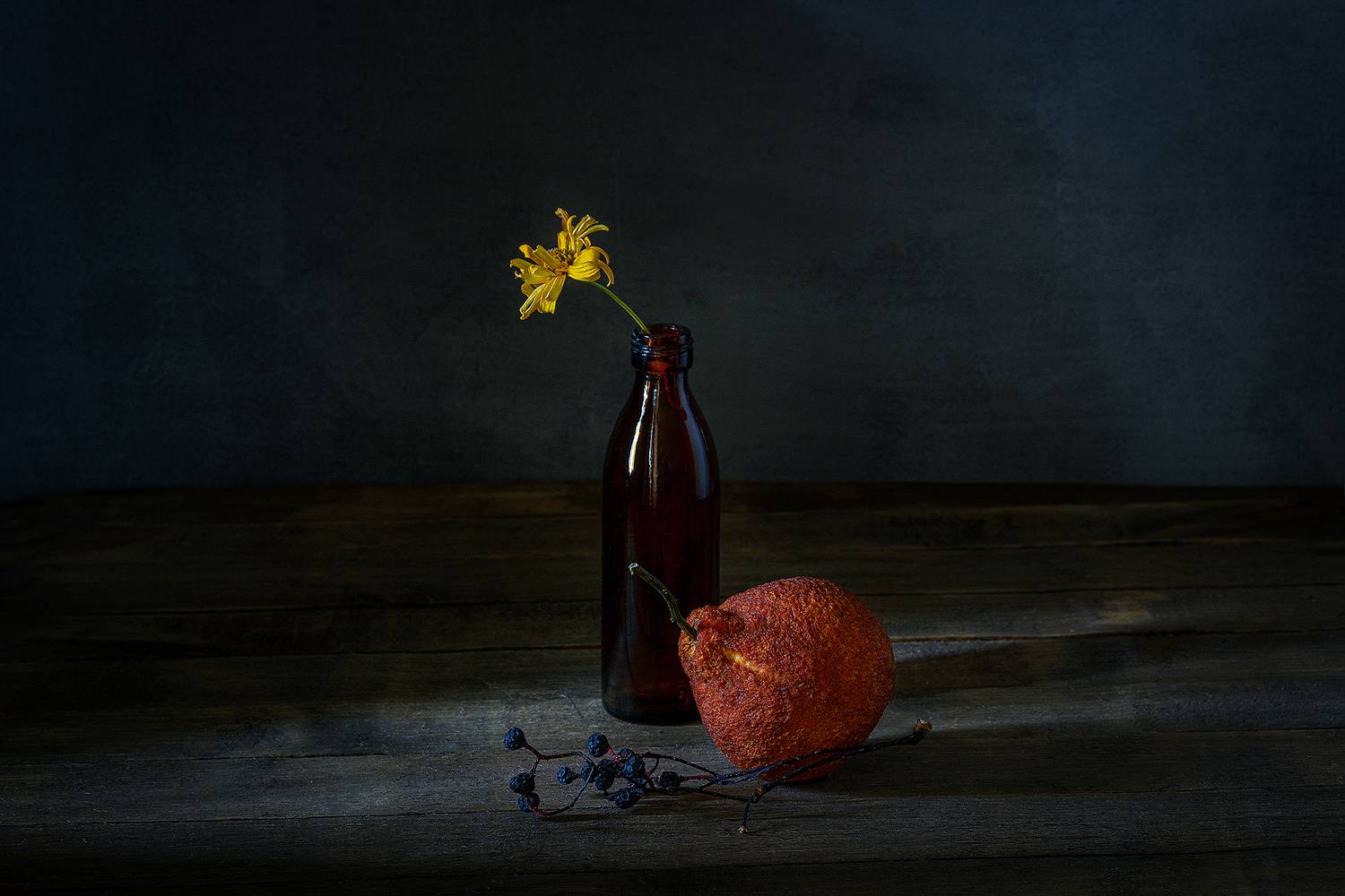 цветок, мандарин, старый, доски, ягоды, синий, желтый, Алексей Бычков