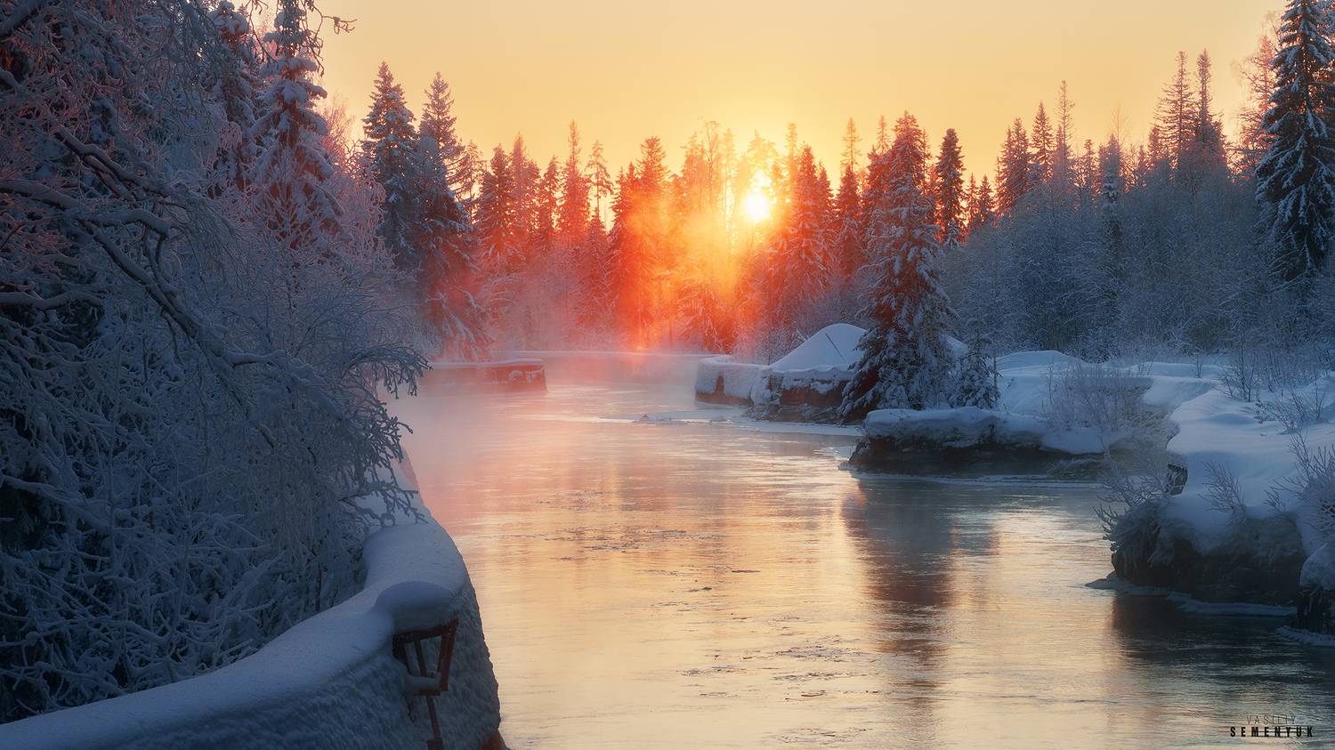 карелия, янисйоки, зима, мороз, гэс, закат., Семенюк Василий