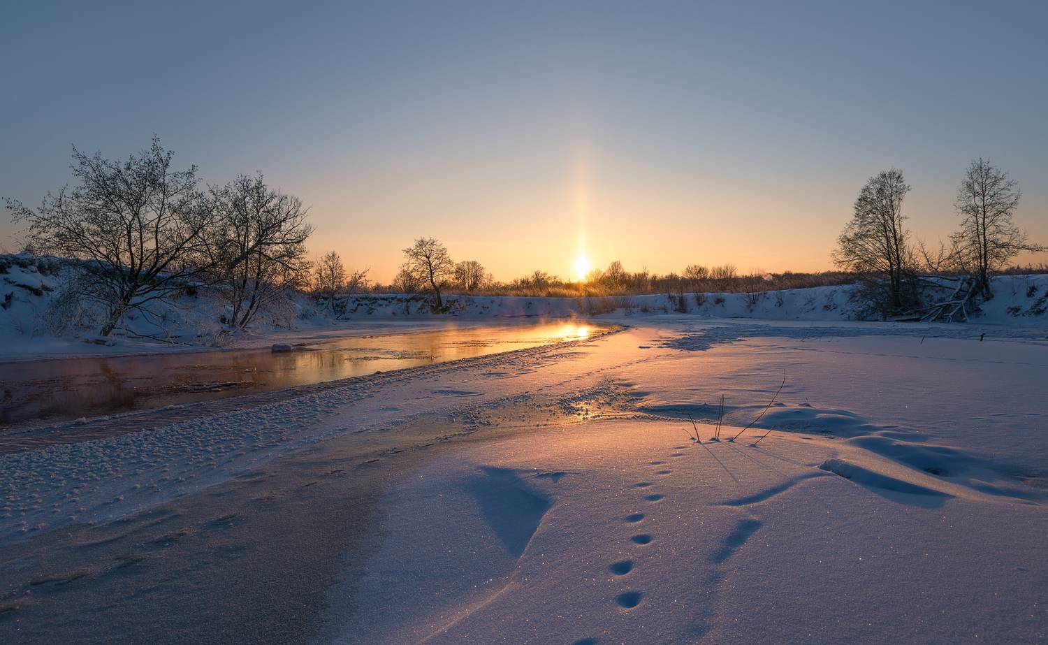 зима, вечер, закат, река, солнце, снег, свет, отражение, Виталий Полуэктов