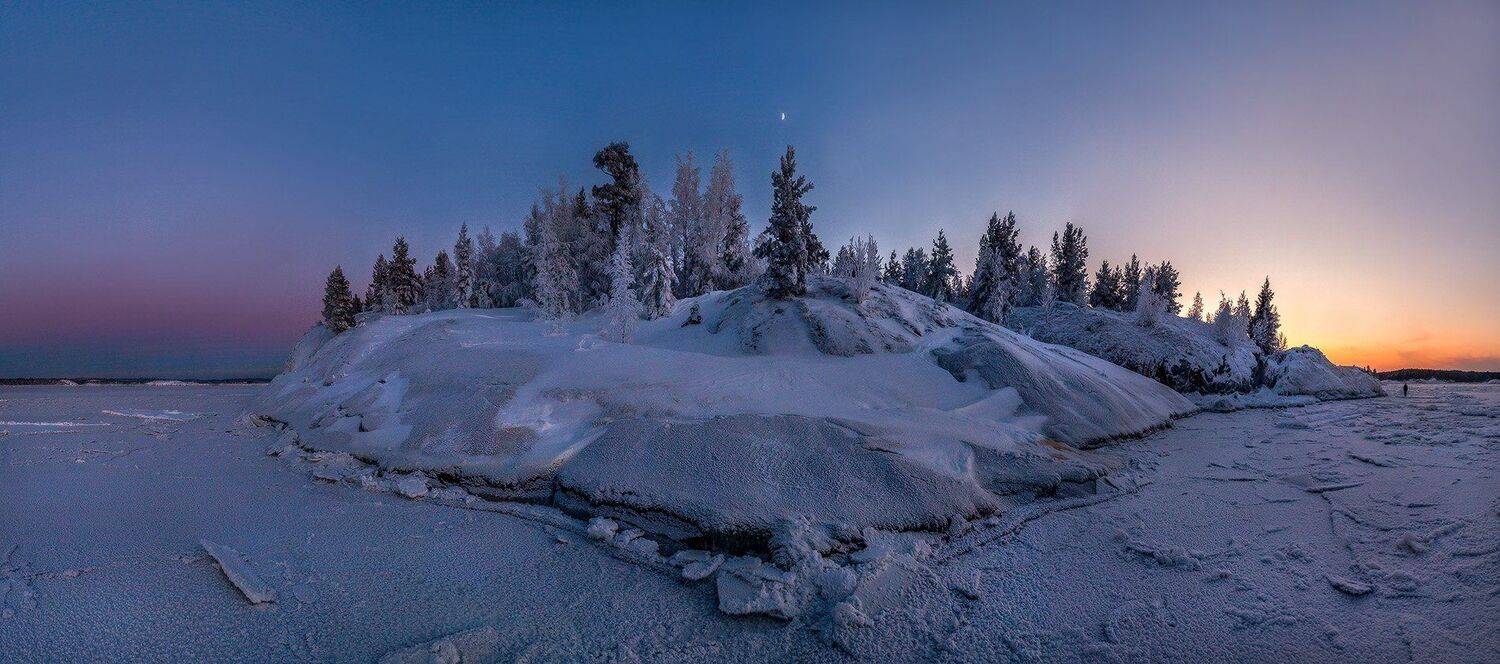 Зима, Карелия шхеры, Ладожское озеро, Месяц, Остров, Сумерки, Лашков Фёдор