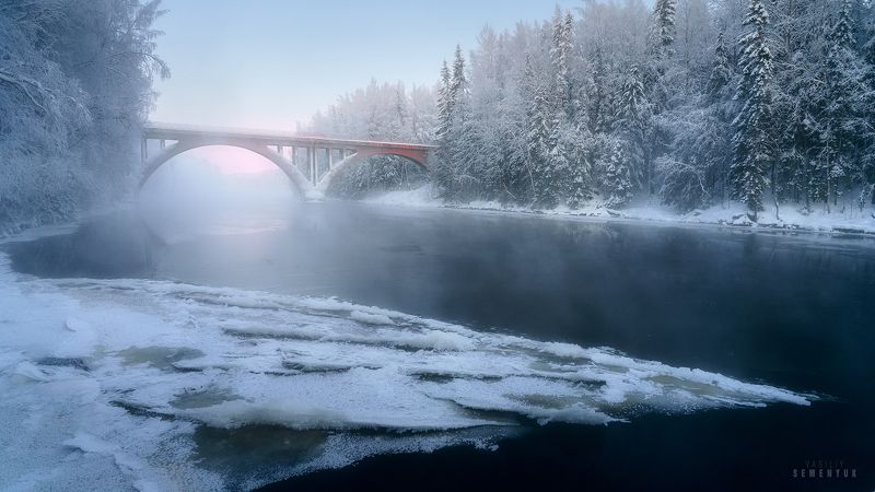 карелия, янисйоки, зима, мороз, мост, река, лёд Острый лёд фото превью
