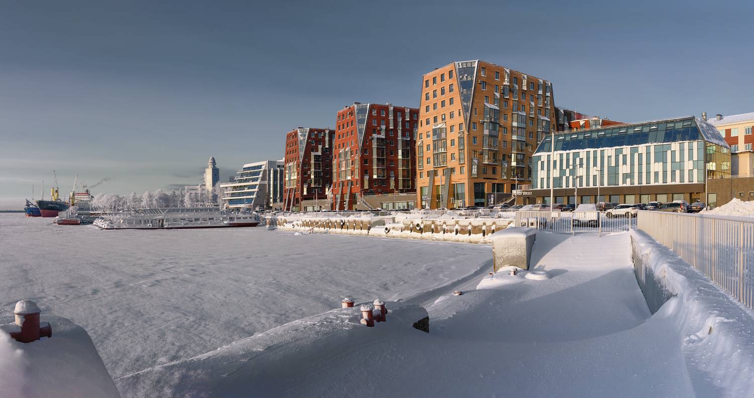 панорама, город, архангельск, набережная, зима, снег, иней, мороз, дома, причал, вечереет, Вера Ра