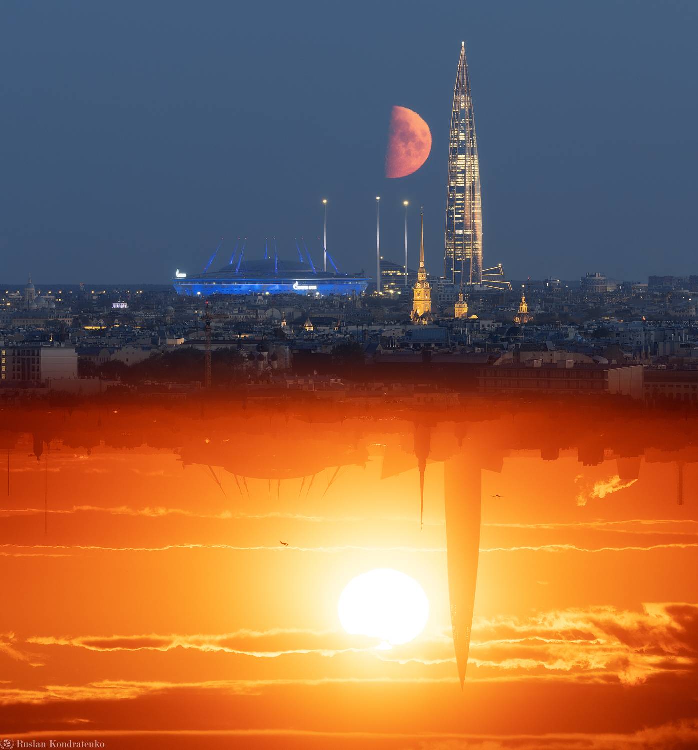 санкт-петербург, закат, лахта-центр, лахта, небоскреб, прострел, зенит арена, вантовый мост, луна, Кондратенко Руслан