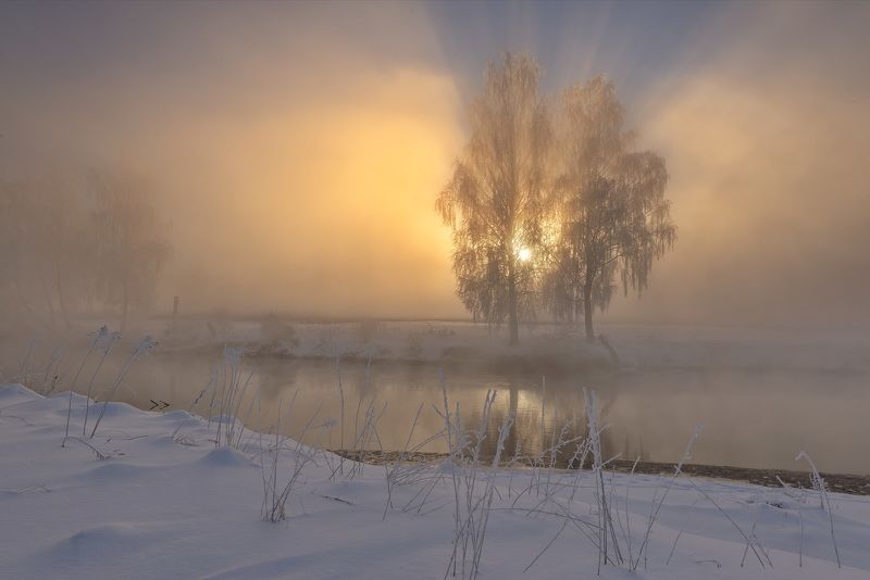 зима, рассвет, мороз, туман, свислочь, беларусь Разгорается фото превью