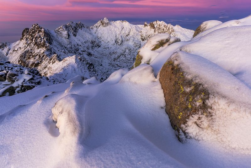 photography, mountain, winter, snow, landscape, photo, awakening, pink nature, mountains, dawn, color, colorful, landmark, mood, moddy, amazing, cool The end of the world фото превью