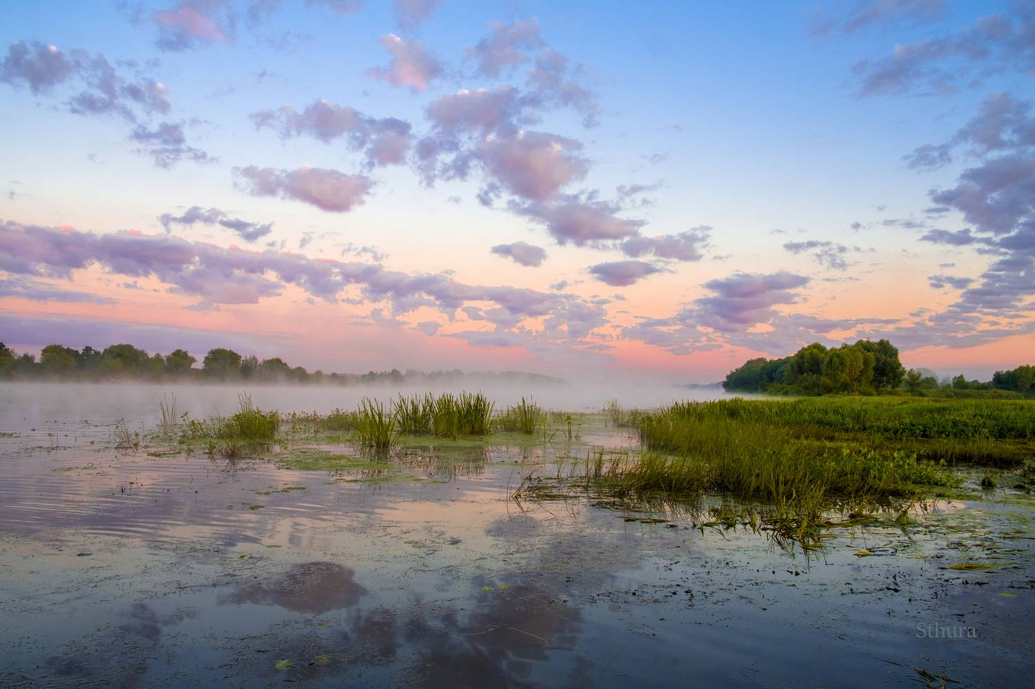 лето река облака туман отражение природа пейзаж, Александр Строков