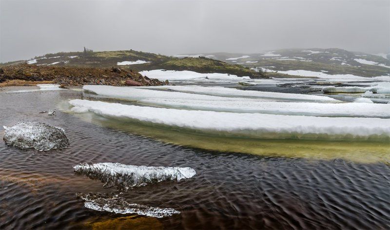 природа, пейзаж, кольский, север, лето, панорама, озеро,  снег, лед, туман, озеро Лапъявр фото превью