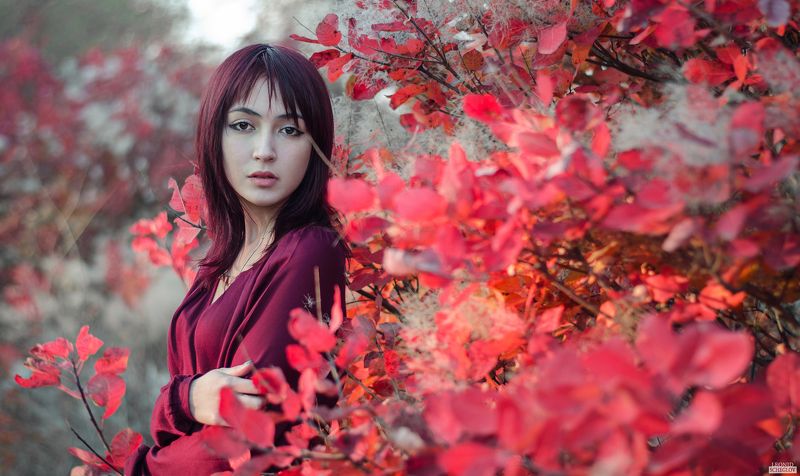 girl, red, portret, hair, leaf, beautiful Евгения фото превью