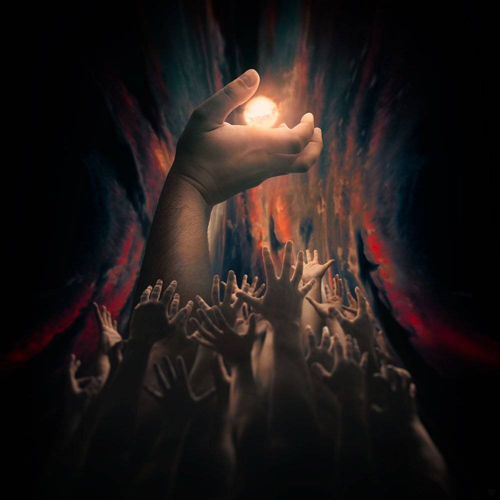 photomontage, surreal, surrealistic, greed, hands,, Wojciech Grzanka