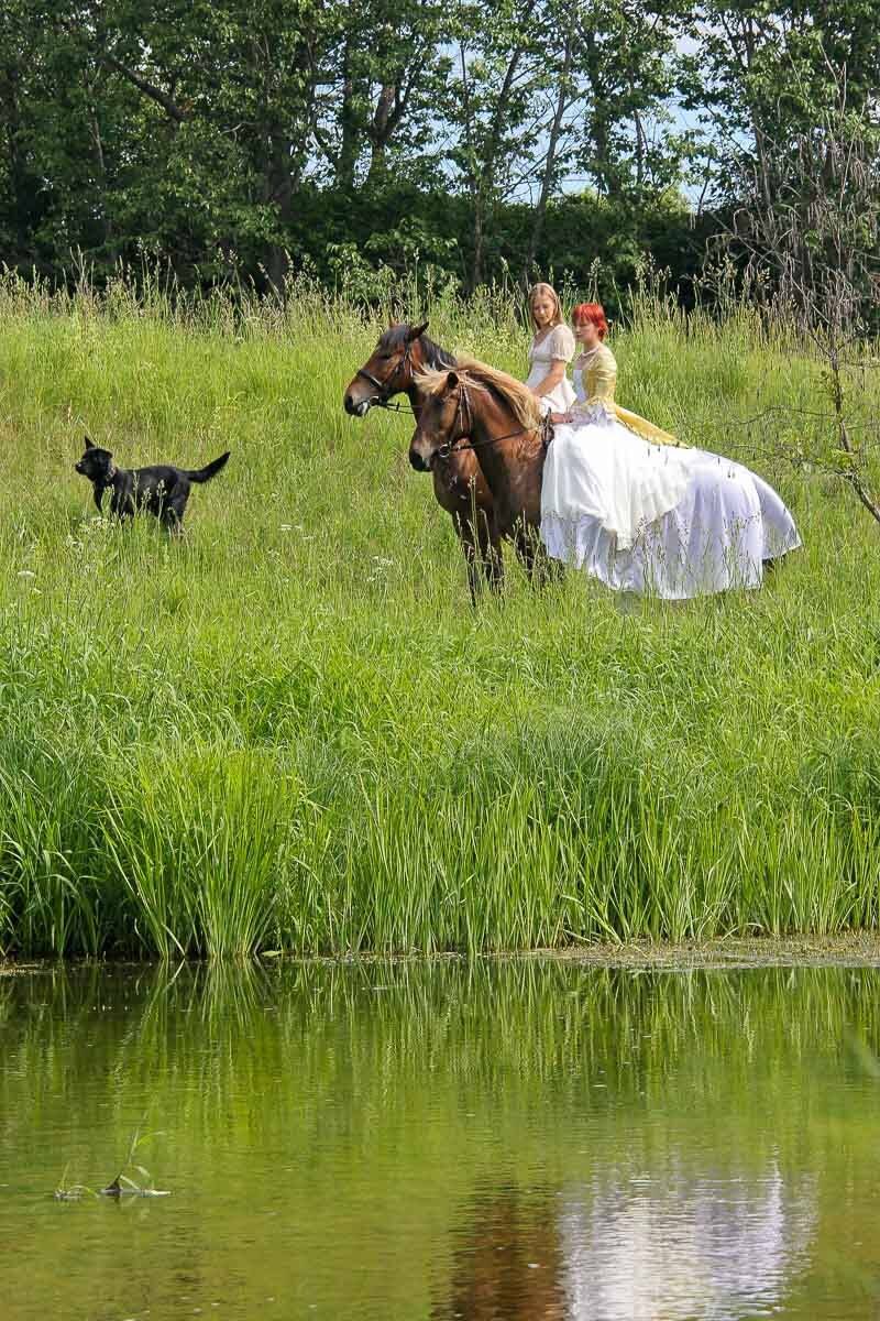 девушка, лошадь, платье, собака, природа, река, Сергей Козинцев