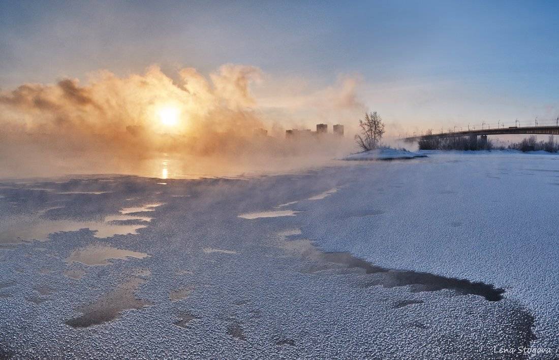Енисей, Красноярск, Остров Татышев, Рассвет, Река, Туман, Лена Стогова