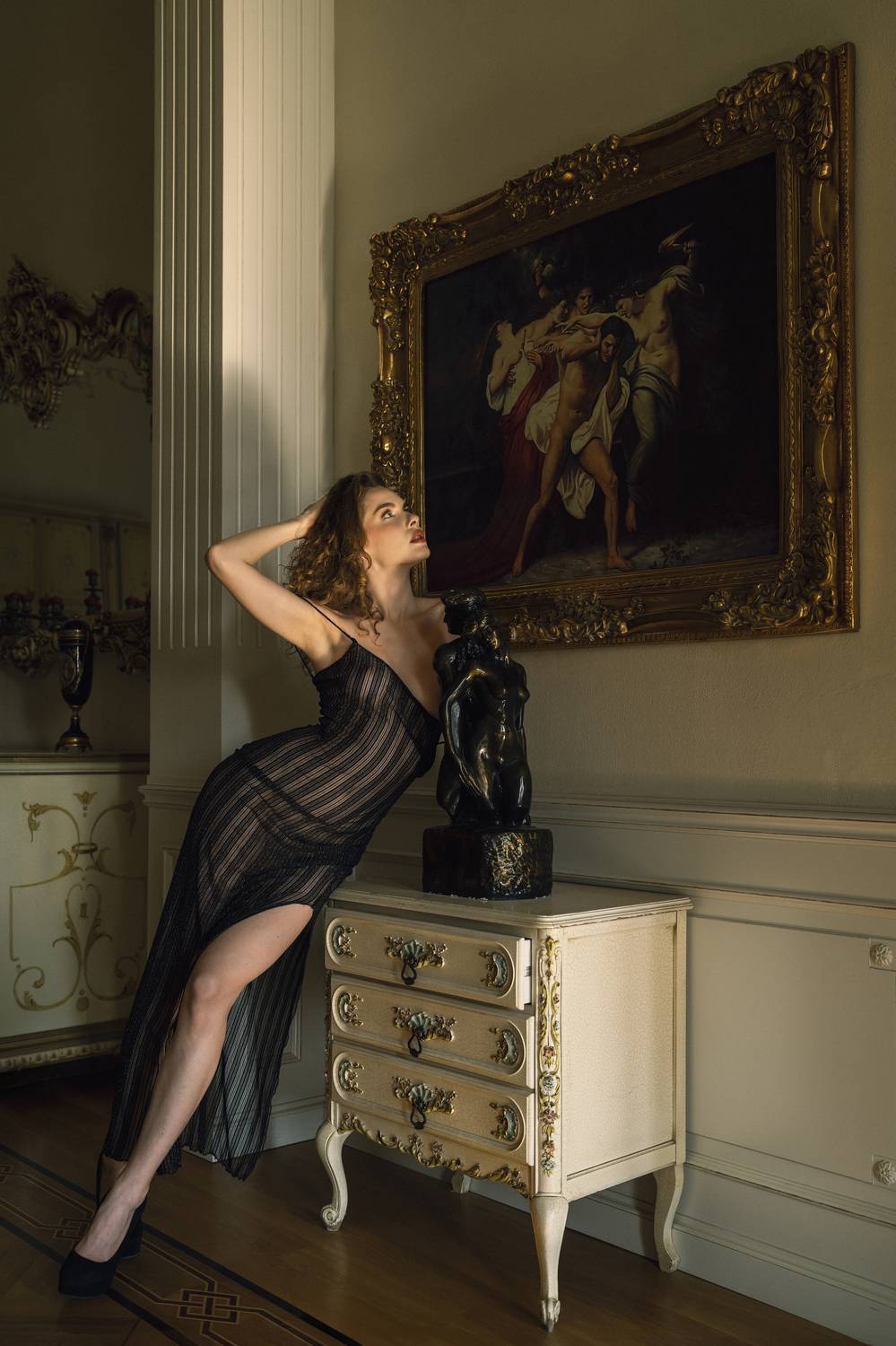 artistic portrait, beauty, classical art, dramatic lighting, dress, elegance, femininity, fine art, front view, grace, historic interior, looking, modern muse, one person, painting, refined style, renaissance, sculpture, sensuality, standing, young woman, Alex Tsarfin