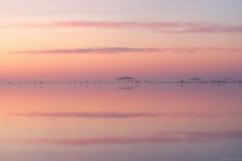 пейзаж, рассвет, озеро, туман, облака Полосы фото превью