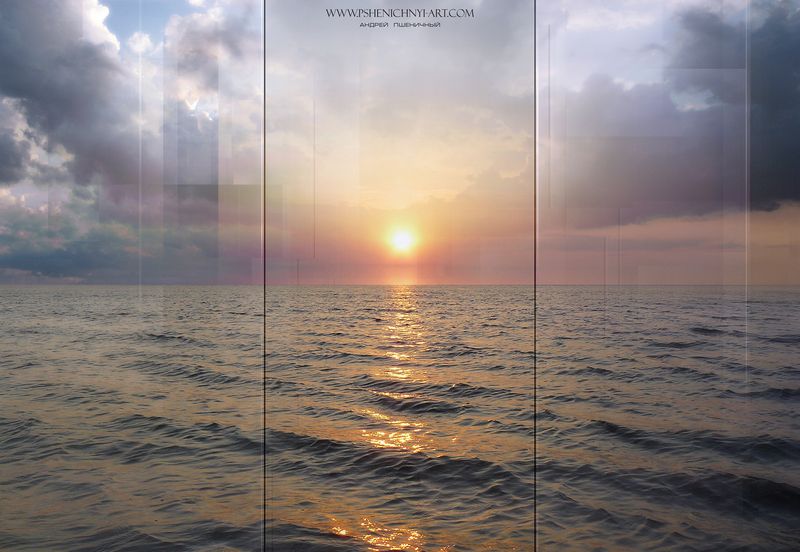 панорама, закат, небо, облака, водная гладь, пейзаж, горизонт, концепция, минимализм, бесконечность Провожая закат фото превью