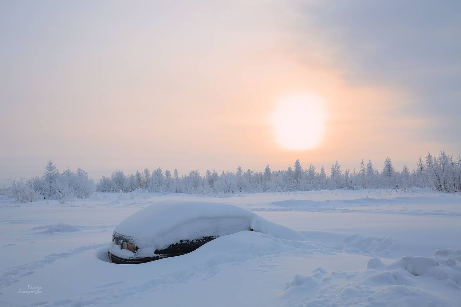 зима, пейзаж, снег, солнце, машина, деревья, облака, Галина Лоскутова