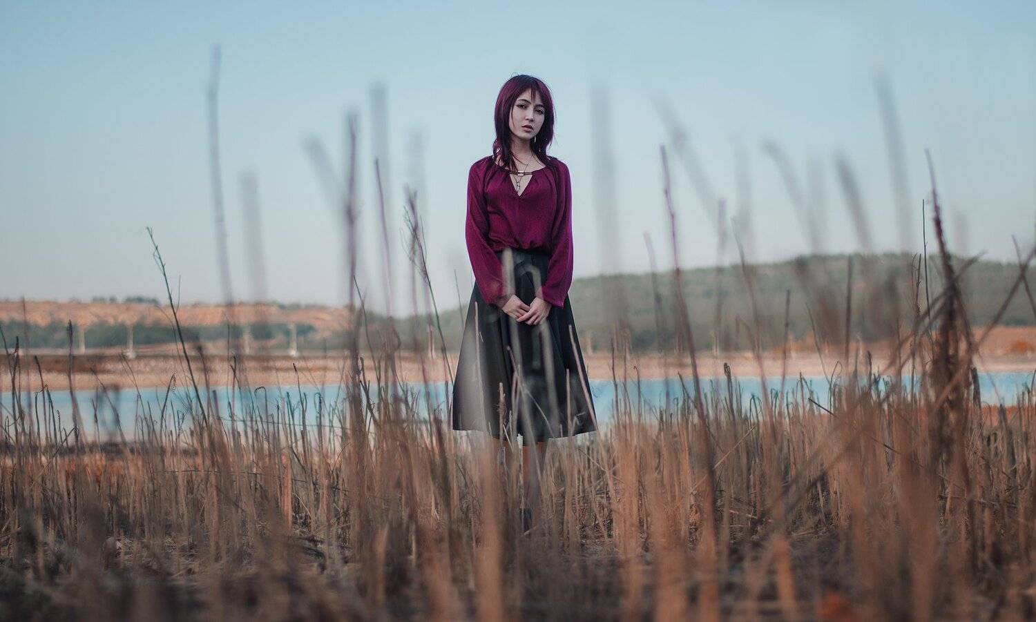 girl, red, portret, hair, leaf, beautiful, lake, Леонид Щеглов