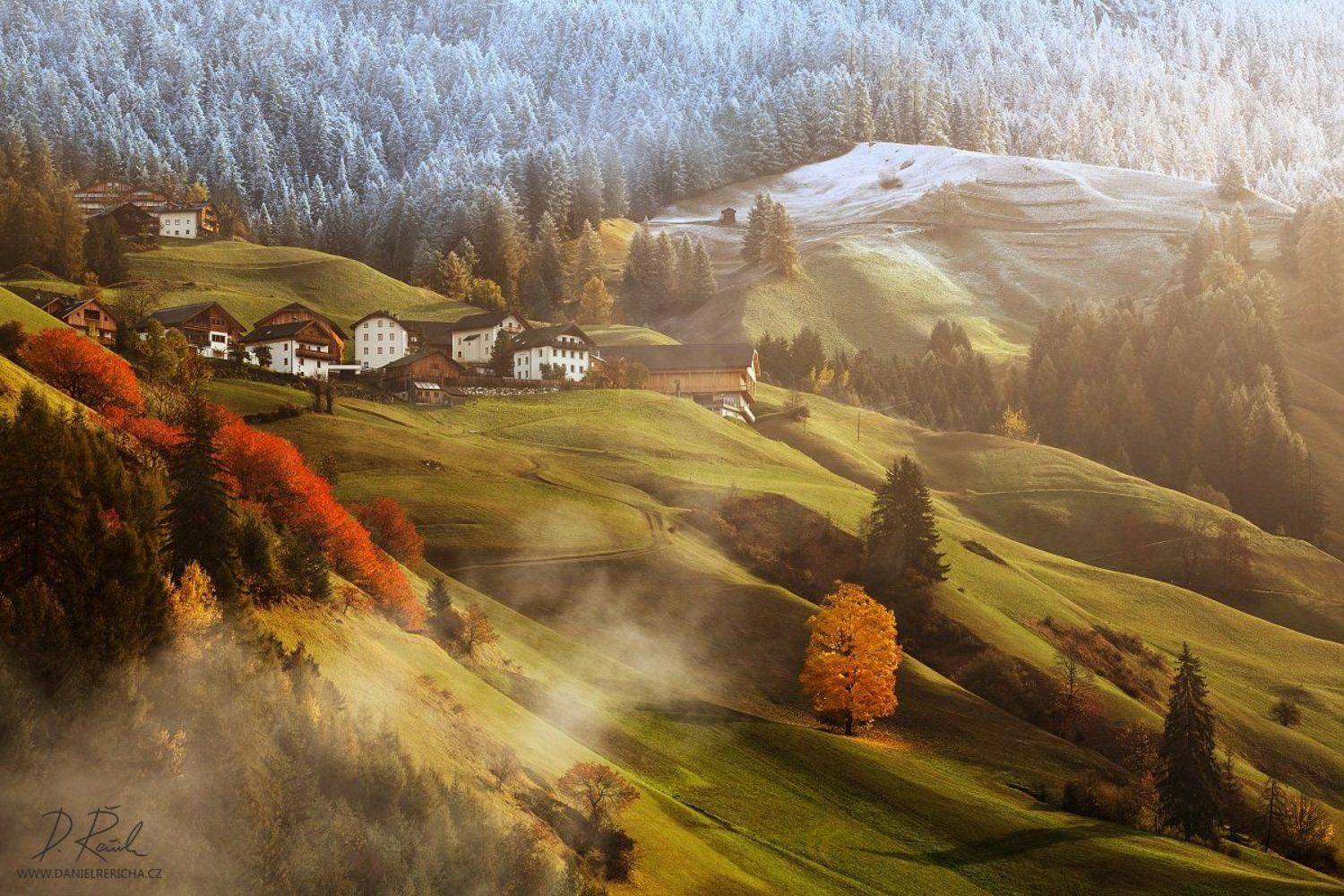 Italy, Alps, South Tyrol, Tyrol, Dolomites, Wengen, Alta Badia, La Valle, autumn, mist, fog, morning, mountains, europe, beautiful morning, light, houses, meadow, autumn, colors, villages, winter, colors, morning colors, alpine meadow, autumn landscape, d, Daniel Rericha